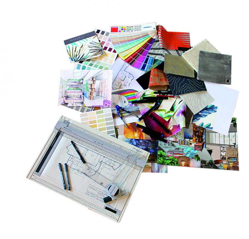 Planche matières, échantillons et croquis de décoration